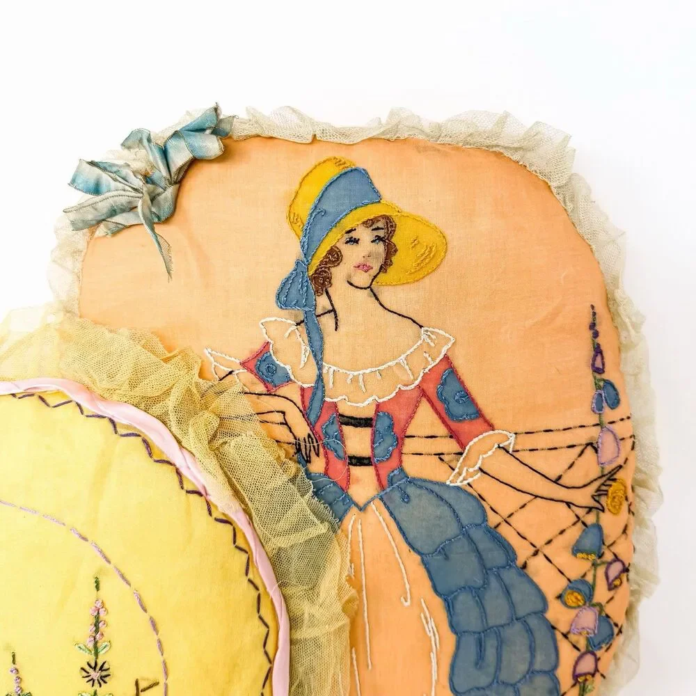 Antique 1920s Embroidered Boudoir Pillows Art Deco Lady Handmade Pair